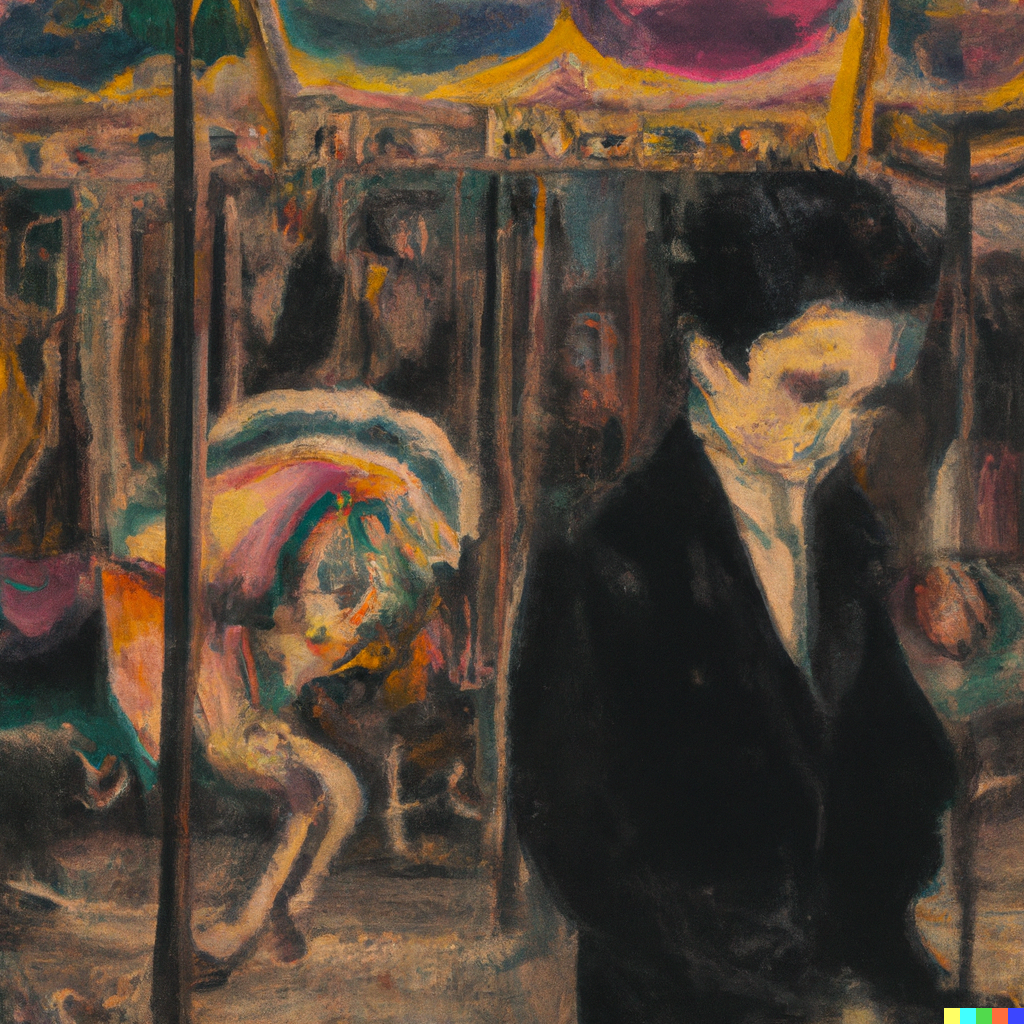 Pastel drawing of Alex at the carousel (DALL-E)