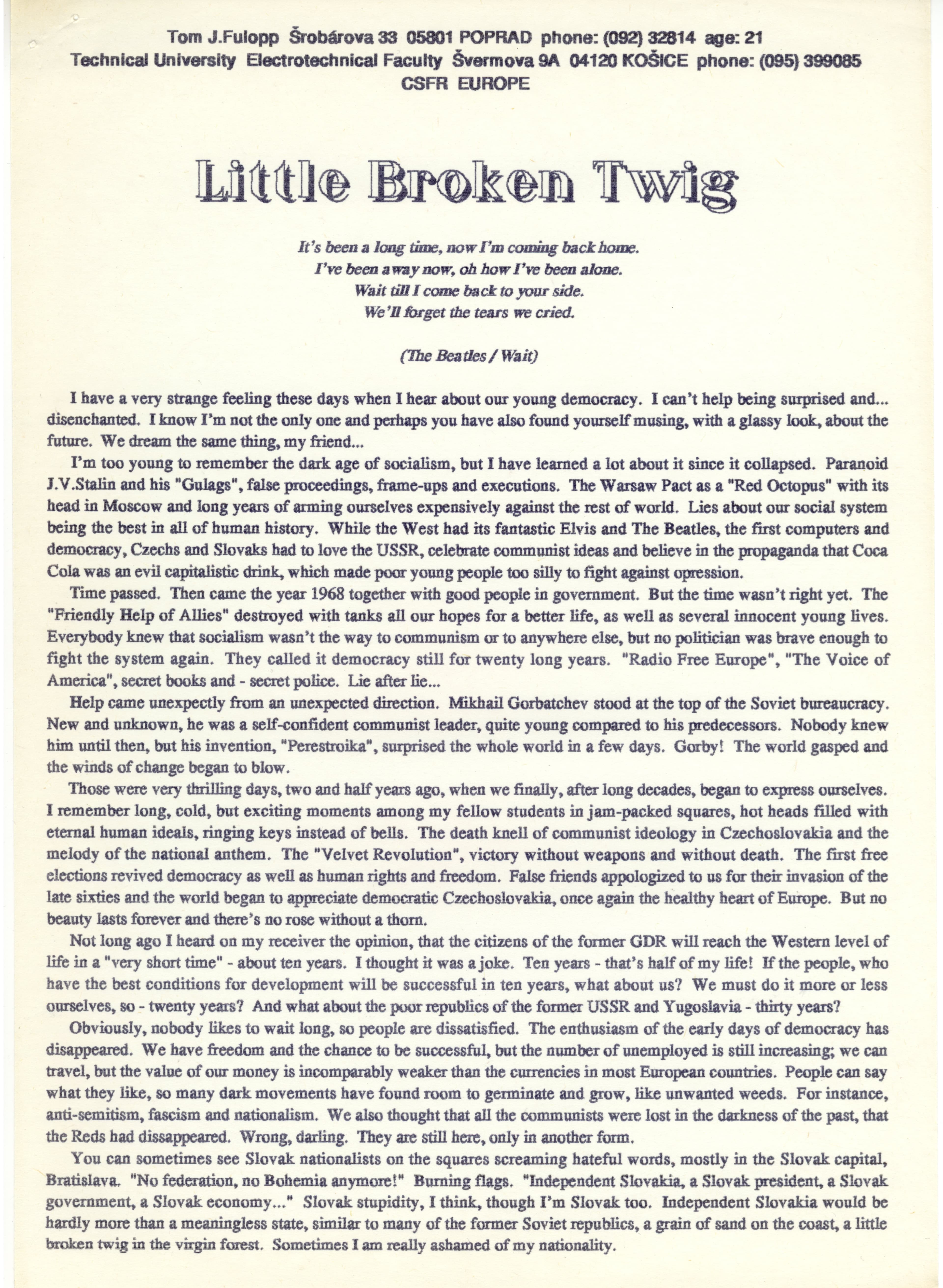 Original printout of the essay