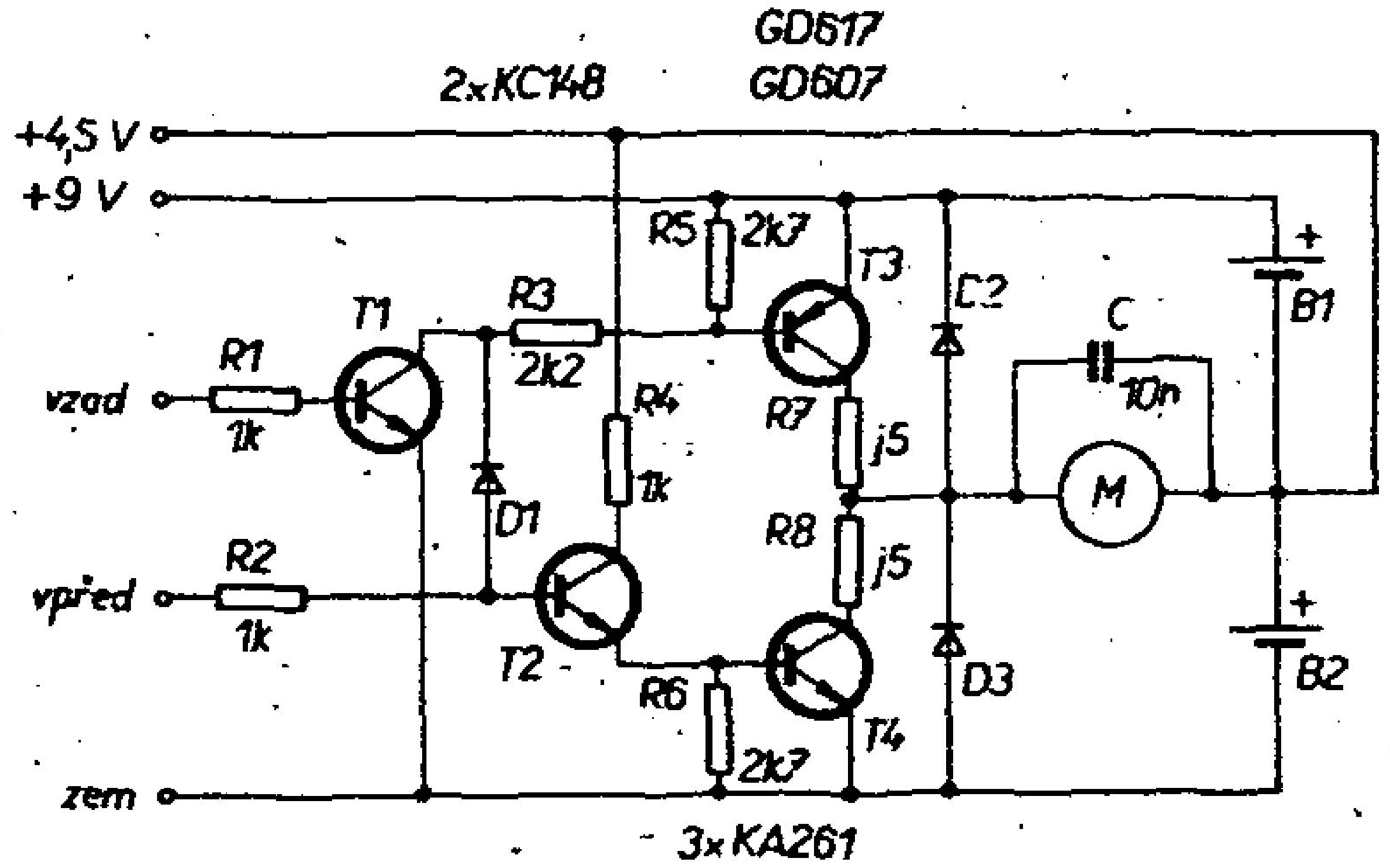 Schéma zapojenia modulu elektromotorčekov (Jaroslav Kroczek | Amatérské Radio 12/1984) Schéma zapojenia modulu elektromotorčekov (Jaroslav Kroczek | Amatérské Radio 12/1984)