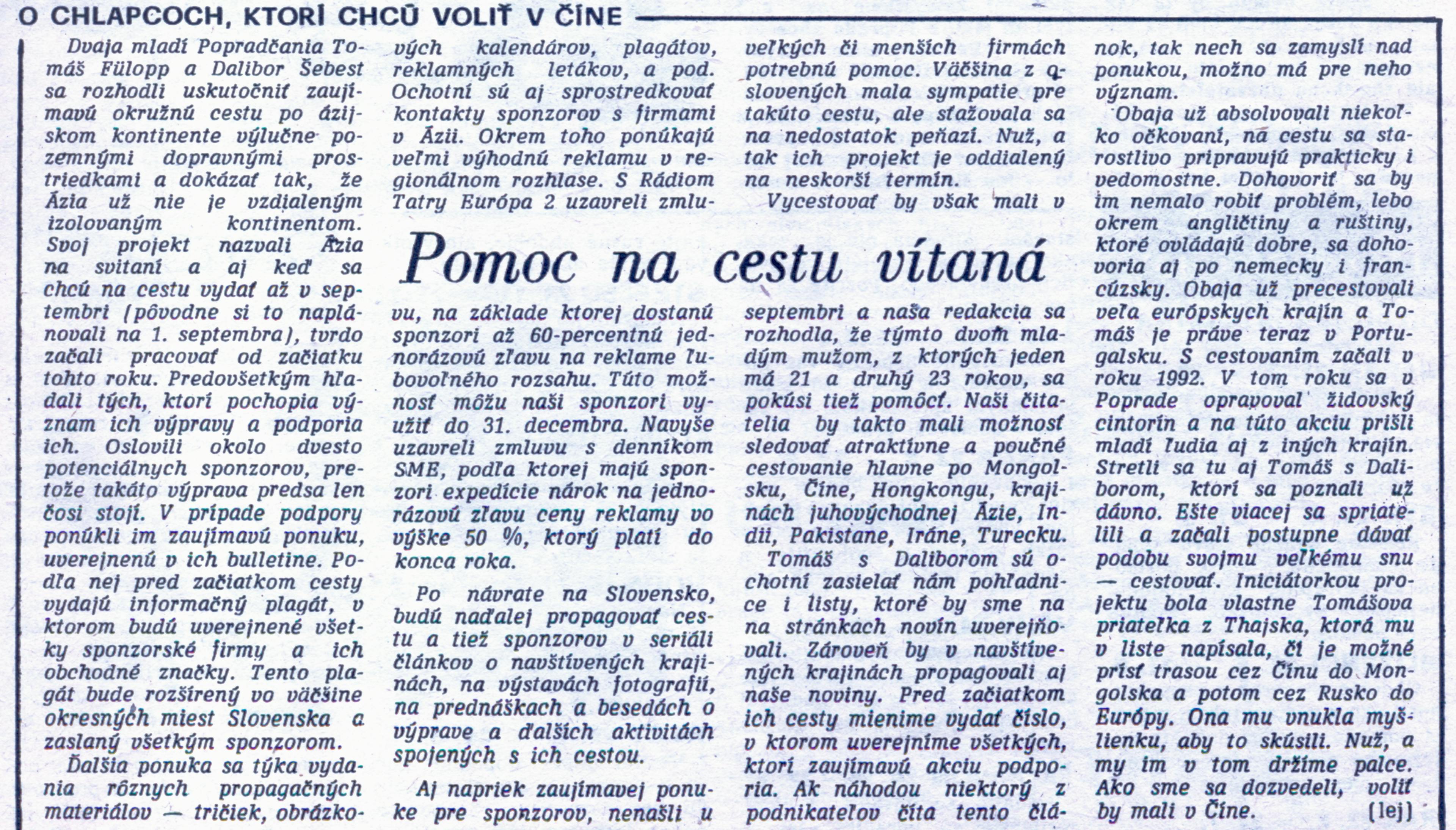 Článok v novinách Poprad č. 61 z 5. augusta 1994 (Mária Lejnarová  |  Poprad)