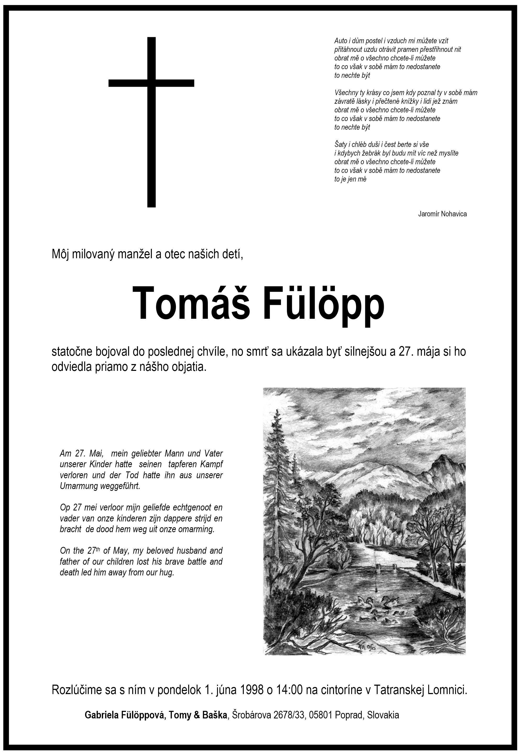 Smútočné oznámenie o úmrtí Tomáša Fülöppa staršieho (27. mája 1998)