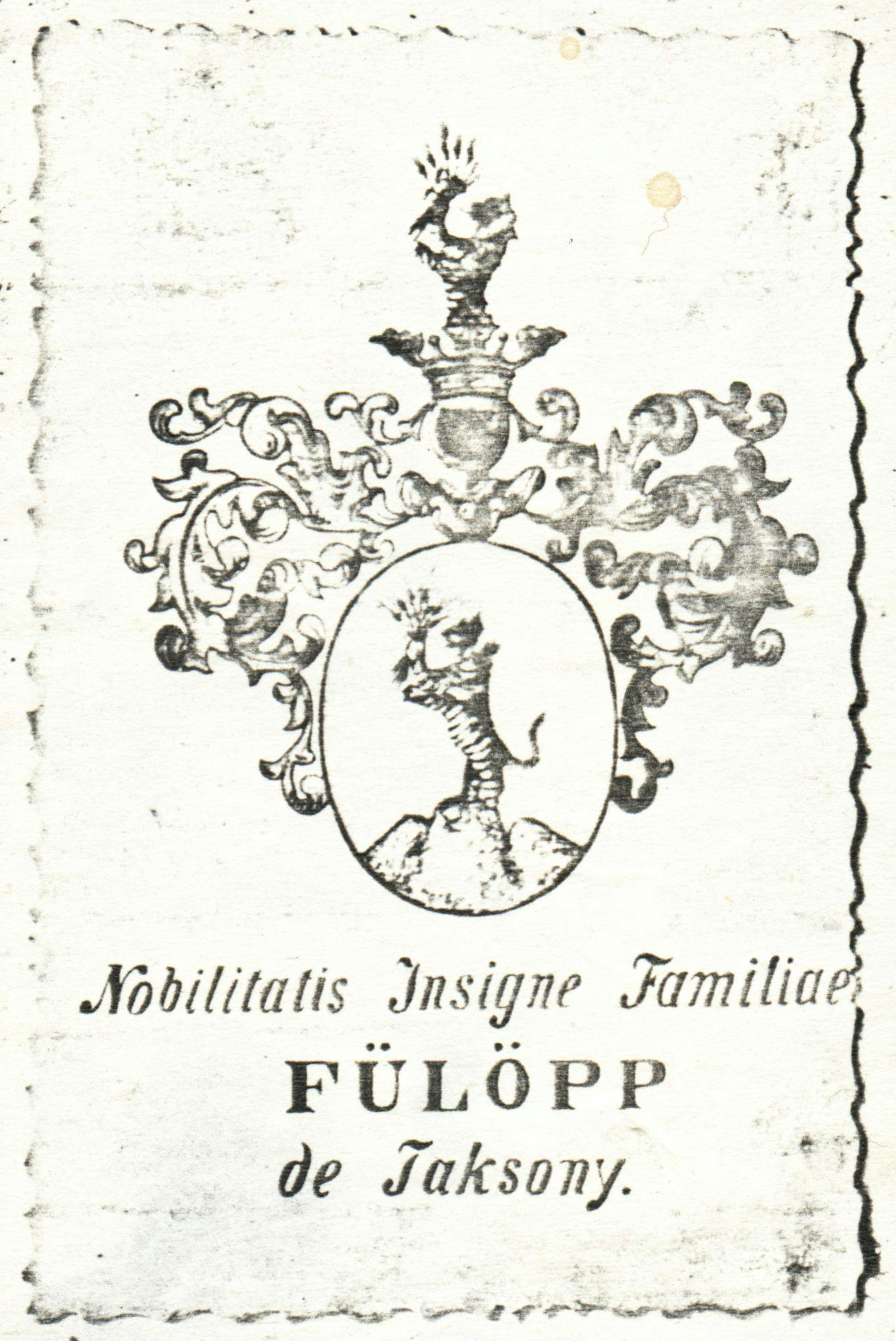 Coat of arms: Nobilitatis Insigne Familiae Fülöpp de Taksony